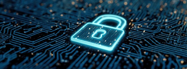 digital padlock icon on a blue digital circuit board background, representing the concept of data security protection and cyber security technology.