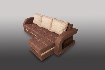 Isolated sofa bed with fabric upholstery on grey gradient background.