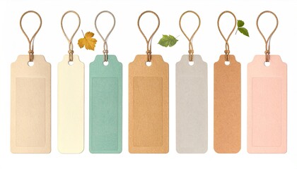 Tag set with hemp strings and leaves on white background