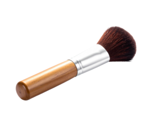Angled makeup brush with brown bristles, wooden handle, and silver ferrule