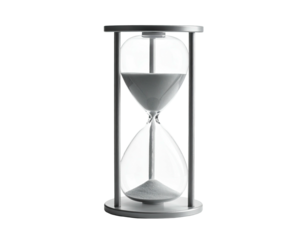 A classic hourglass with white sand, isolated against a stark black background