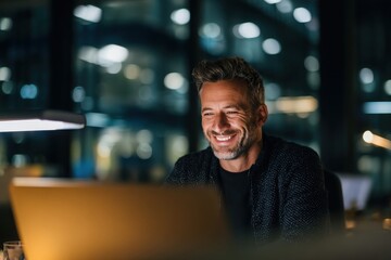 smiling young man working on a laptop in the office handsome, mature male businessman smiling while using his computer at his work desk.