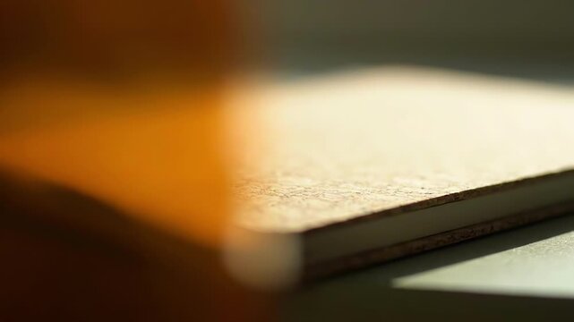 Sunlight shining on a textured notebook cover in an artistic closeup scene