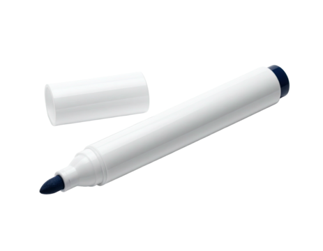 White marker with blue ink, cap off, isolated on black background