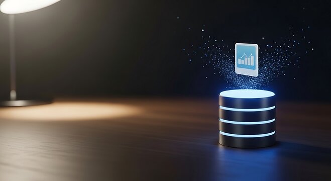 Big Data analysis and financial technology concept. 3D rendering of a database projecting a futuristic hologram with business growth charts and graphs on a modern desk.