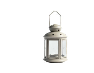 A cream-colored lantern with a handle hangs against a black background
