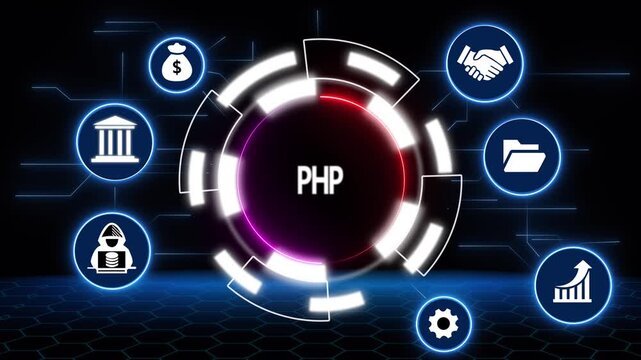 PHP Programming Language Concept with Business and Security Icons in a Futuristic Network coding web development