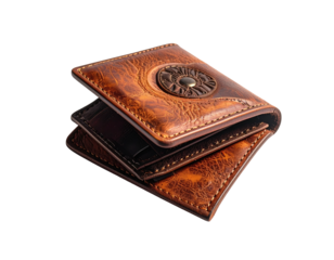 A worn, leather wallet with a decorative emblem, slightly open