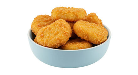 Golden chicken nuggets in a bowl isolated, crispy fried fast food snack on no background for restaurant menu and advertising