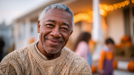 Elderly man smiling warmly on porch with festive autumn decorations  