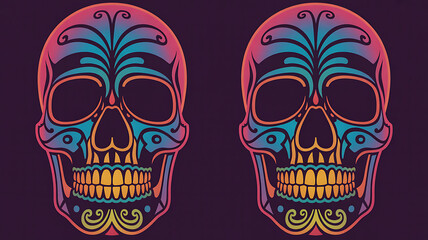 Fototapeta premium Vibrant artistic sugar skulls with intricate floral patterns in bright neon colors against a dark background