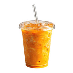 Iced Thai tea in clear plastic cup with straw