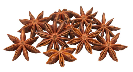 Aromatic star anise spice isolated PNG, fragrant dried pods for culinary and holiday baking use on transparent background