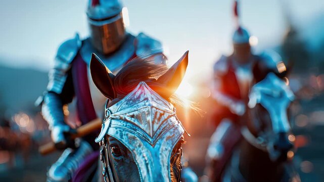 Close-up of medieval knights in shining armor riding horses at sunset