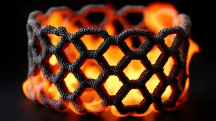 A cylindrical object, a dark meshwork, is aglow with orange light against black - Powered by Adobe