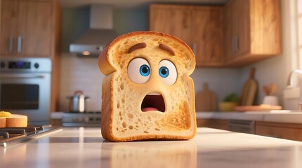 Surprised Animated Toast Slice with Blue Eyes in a Modern Kitchen