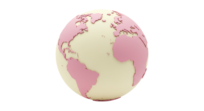 Pink and cream globe isolated on white, world map continents in pastel colors for geography and education