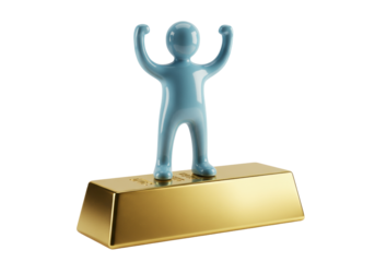 Blue figurine standing on a gold bar isolated, concept of success and achievement, victory and wealth, on a clean background