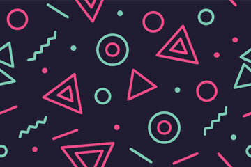 Retro memphis style geometric seamless pattern with neon shapes for vibrant design