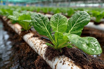 Close-Up of Leafy Greens in White Hydroponic Pipes with Exposed Roots in Indoor Farm