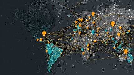 Global network connections visualized on a world map.