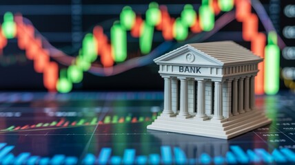 A miniature bank model stands prominently against a backdrop of colorful financial graphs, symbolizing the banking sector and market trends.