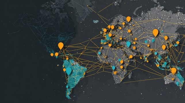 Global network connections visualized on a world map.