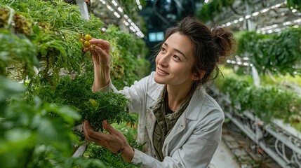 Scientist Harvesting algriculture in High-Tech Greenhouse with Lush Green Plants