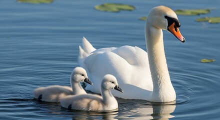 Swan Family Swimming in Water.