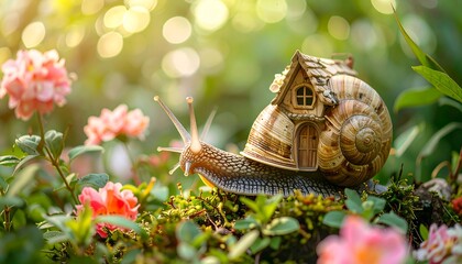 Snail carrying a tiny house among flowers