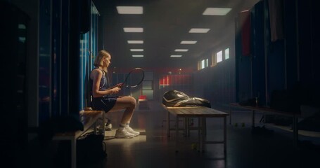 Focused Female Tennis Player Preparing for Match in Locker Room, Inspecting Her Equipment and Preparing Mentally. She Collects Her Bag and Leaves for the Court with Determination to Win - Powered by Adobe