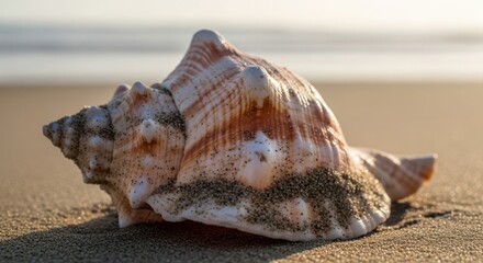 Detailed view of a large natural conch shell resting on a sandy surface outdoors