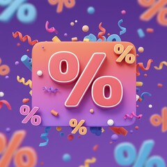 Percentage sign on purple background with confetti
