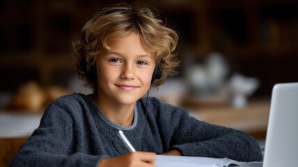 schoolboy with headphones studying on laptop writing in notebook at home desk in cozy environment