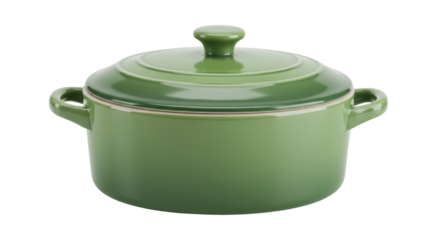 Green ceramic casserole dish with lid isolated, kitchenware for cooking and serving food PNG