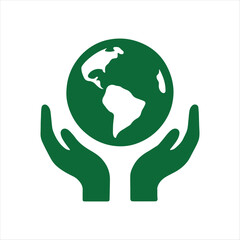 Green Hands Holding Earth Icon – Minimal Vector Symbol Representing Environmental Stewardship, Global Responsibility, Sustainability, Climate Action, and Ecological Protection