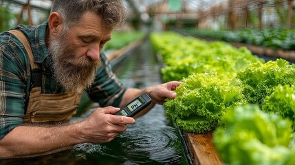 Farmer Using Handheld Sensor to Inspect Hydroponic Lettuce in Greenhouse with Water Channels