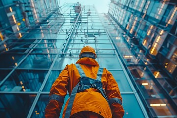 Worker wearing safety harness looking up at skyscraper