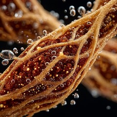 Magnified View of Fibrous Biological Tissue with Moisture Droplets and Intertwined Strands