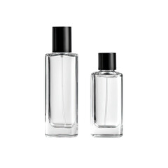 Two clear glass perfume bottles, rectangular shape, one larger than the other, black caps