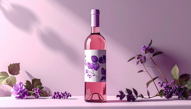 Ros? wine bottle with floral label, pink background, soft light