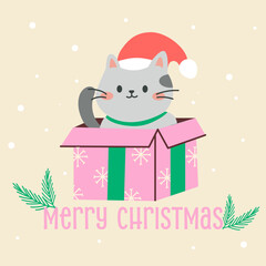 Christmas cat in gift box greeting card with merry christmas festive design