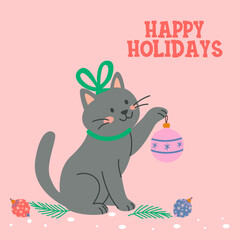Happy holidays christmas cat background with festive bauble design