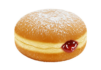 Powdered sugar jelly donut isolated on transparent PNG, sweet pastry with jam filling for bakery and dessert concepts
