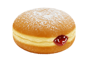 Powdered sugar jelly donut isolated on transparent PNG, sweet pastry with jam filling for bakery and dessert concepts
