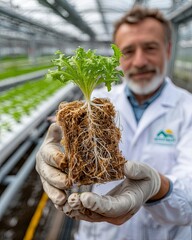 Scientist Holding Hydroponic plant with Exposed Roots in Controlled Greenhouse Environment