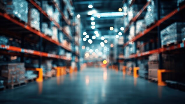 Blurred perspective of a modern warehouse interior with shelves and boxes.