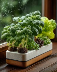 Indoor Herb Garden with Basil and Lettuce in Ceramic Planter on Rainy Windowsill