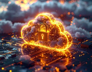 Glowing cloud with lock over circuit board, abstract