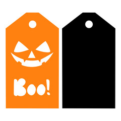 Two halloween themed tags one orange with a jack o lantern and boo and one solid black tag design